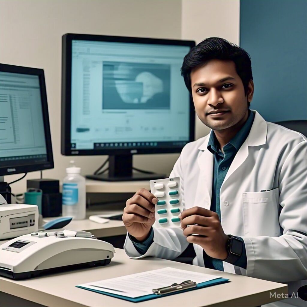 Doctor holding abortion pills during a medical consultation.