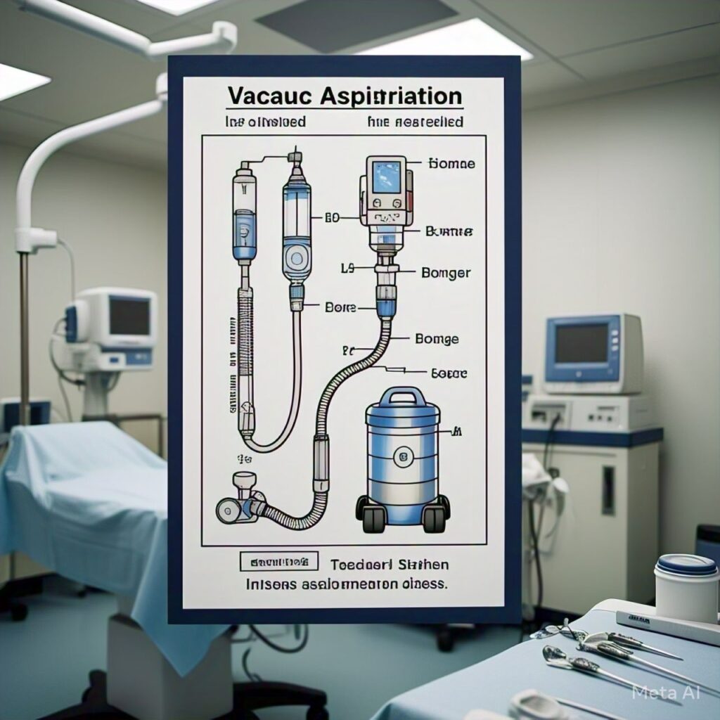 A medical illustration demonstrating vacuum aspiration for abortion.